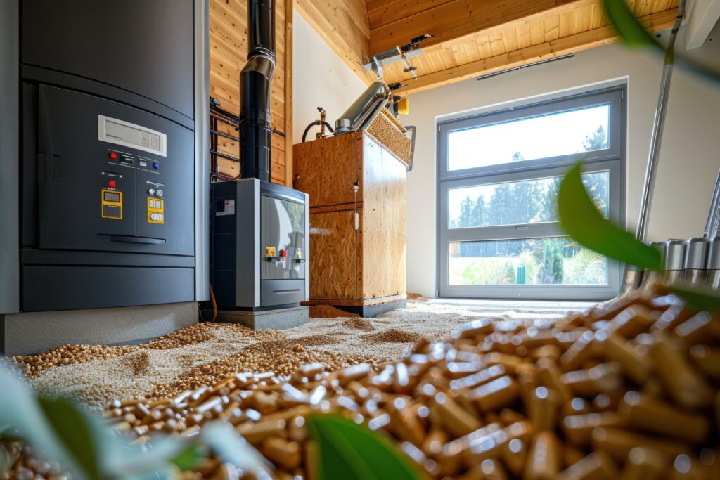 Pellet boiler system. Biomass heating systems generate heat from biomass. Renewable energy and sustainable